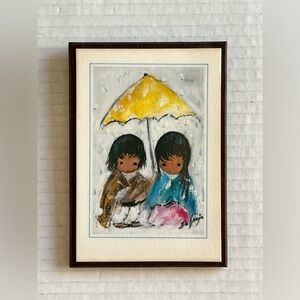 Vintage Walking In Rain By DeGrazia Small Print On Wood Wall Decor